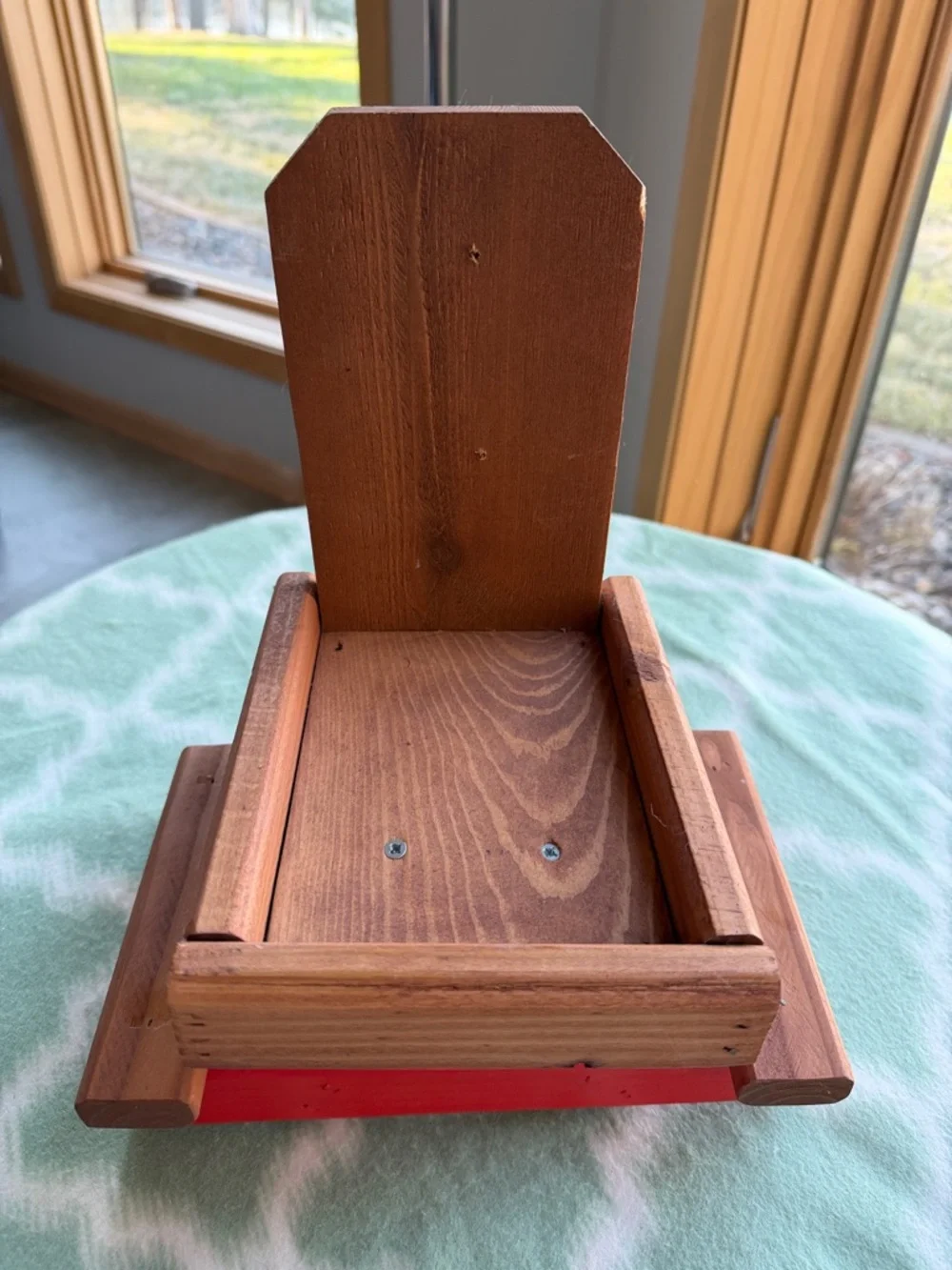 NEW bird feeder handmade wooden picnic bench style- Natural Brown & Orange Red